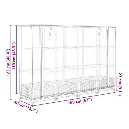 Canteiro elevado com cobertura para estufa, estilo rattan, 160x40x123 cm