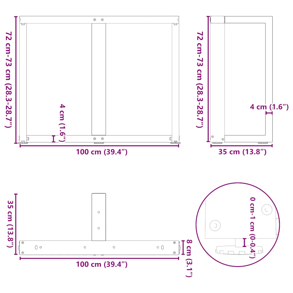 Pés para mesa de jantar em forma de T, 2 peças, antracite, 100x35x(72-73) cm, aço