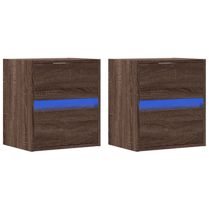 Mesas cabeceira de parede c/ luzes LED 2 pcs carvalho castanho