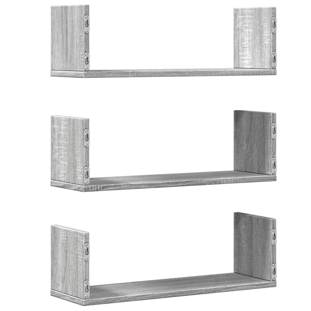 Prateleiras de parede 3 pcs derivados madeira cinzento sonoma