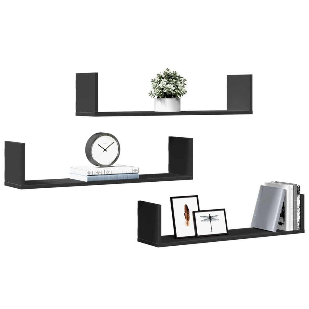 Prateleiras de parede 3 pcs 80x18x18 cm deriv. de madeira preto