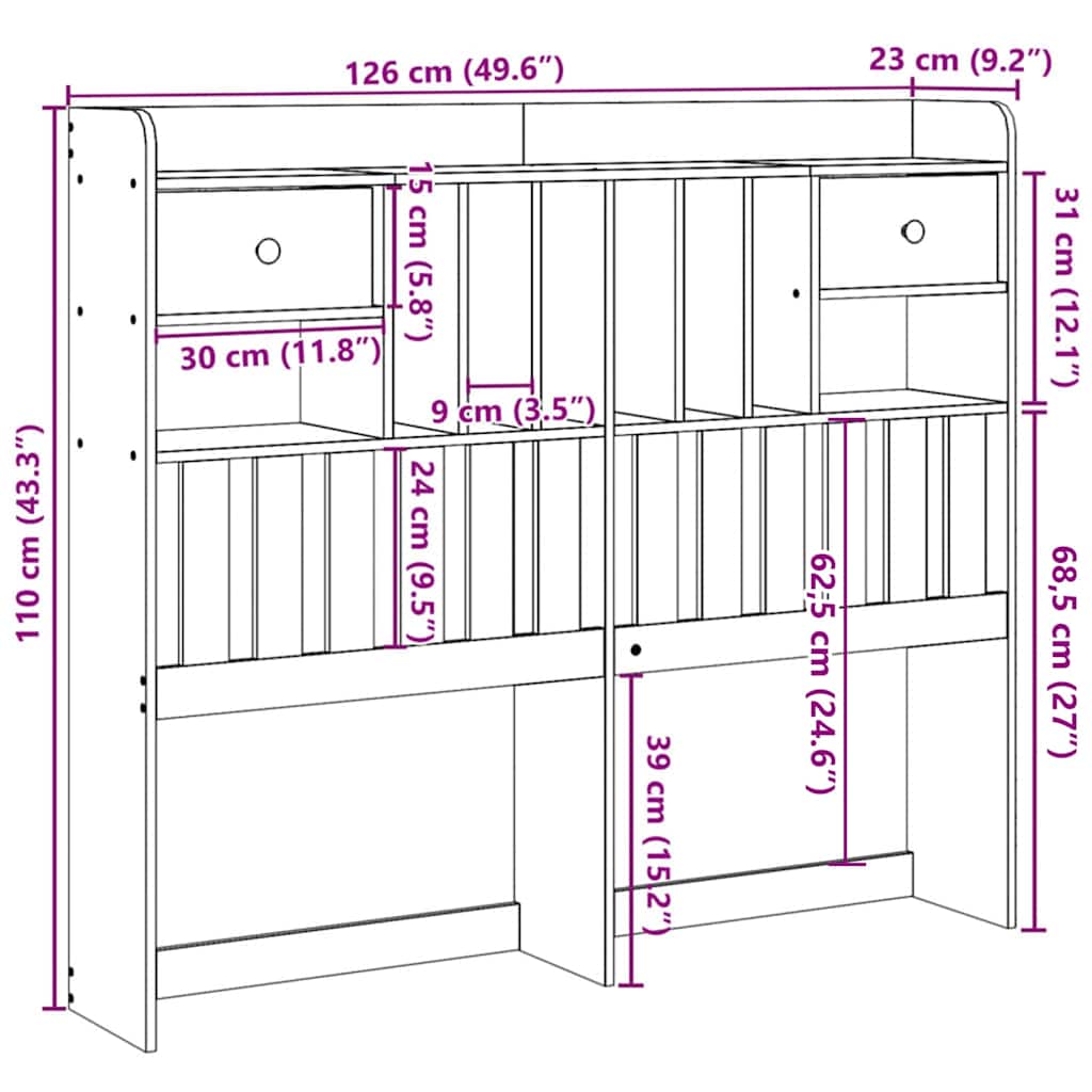 Cabeceira com arrumação 120 cm pinho maciço castanho-mel