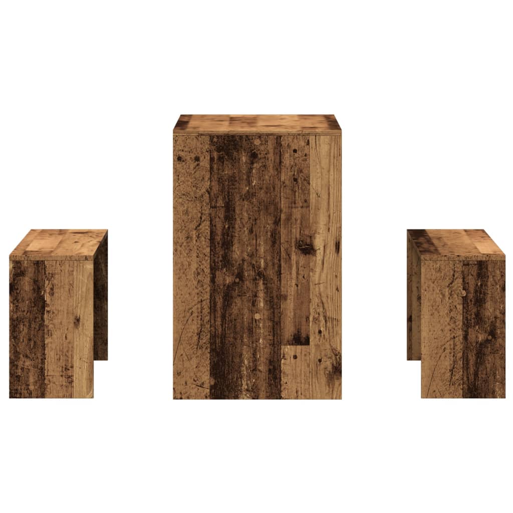 3 pcs conj. mesa jantar e banco deriv. de madeira madeira velha