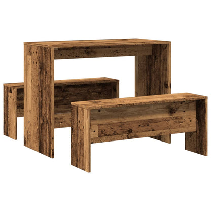 3 pcs conj. mesa jantar e banco deriv. de madeira madeira velha