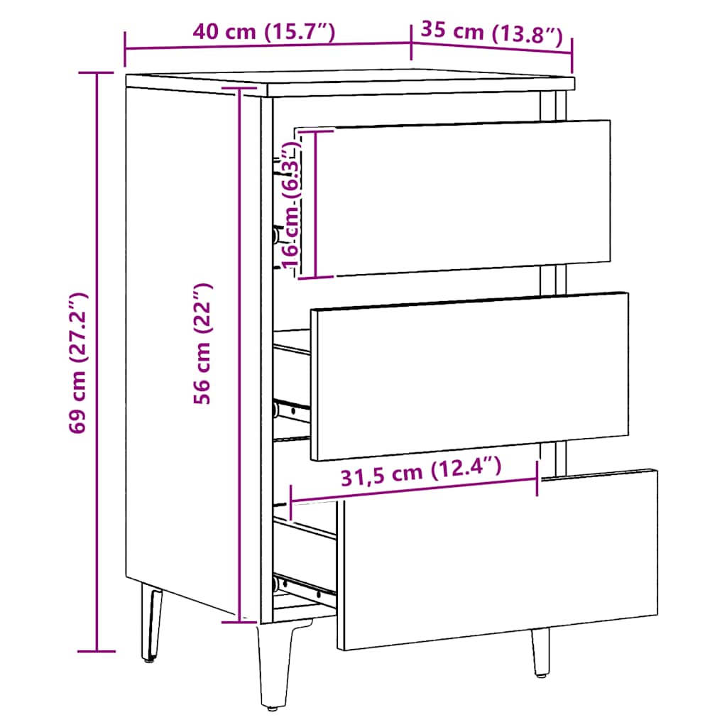 Mesa de cabeceira c/ pernas metal 40x35x69cm carvalho artisiano