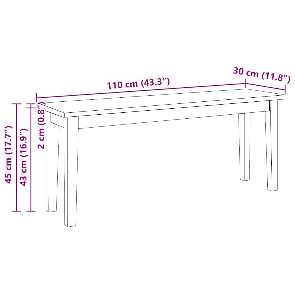 Banco 110 cm madeira seringueira maciça