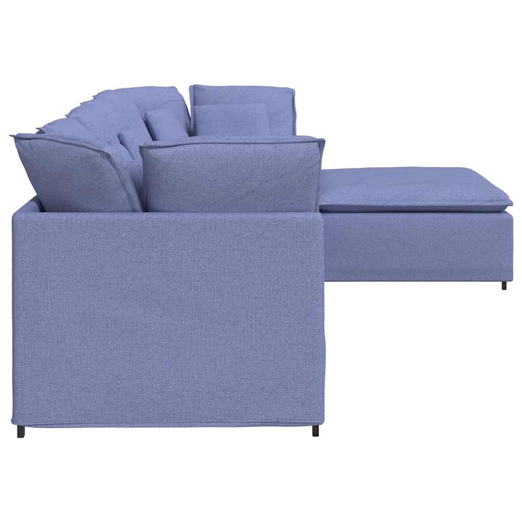 Sofá modular com pufes e almofadas tecido azul ganga