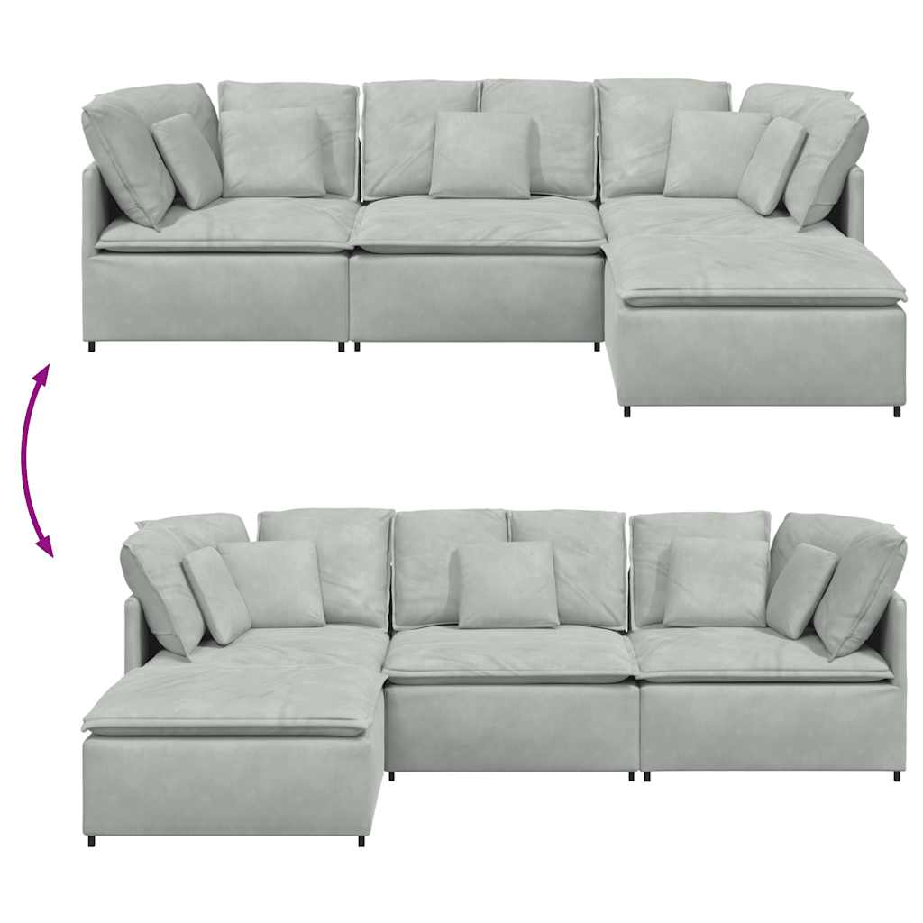 Sofá modular com pufes e almofadas veludo cinzento-claro