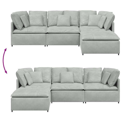 Sofá modular com pufes e almofadas veludo cinzento-claro