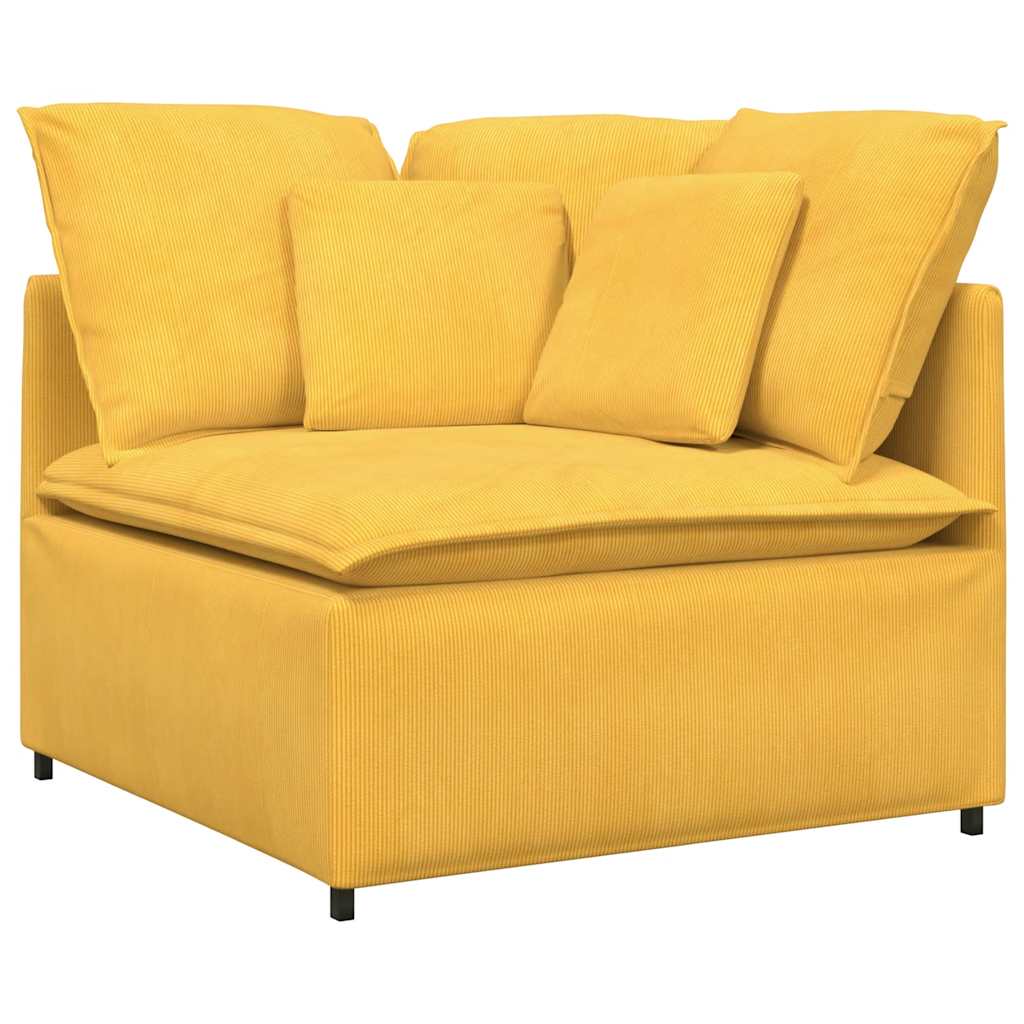 Sofá modular c/ pufes almofadas tecido corduroy amarelo-claro