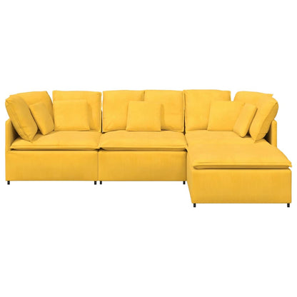 Sofá modular c/ pufes almofadas tecido corduroy amarelo-claro