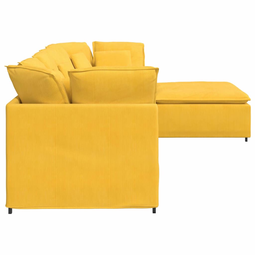 Sofá modular c/ pufes almofadas tecido corduroy amarelo-claro