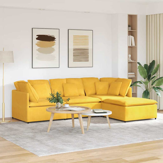 Sofá modular c/ pufes almofadas tecido corduroy amarelo-claro