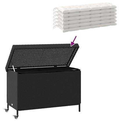 Caixa de arrumação jardim com rodas 110x55x73 cm vime PE preto