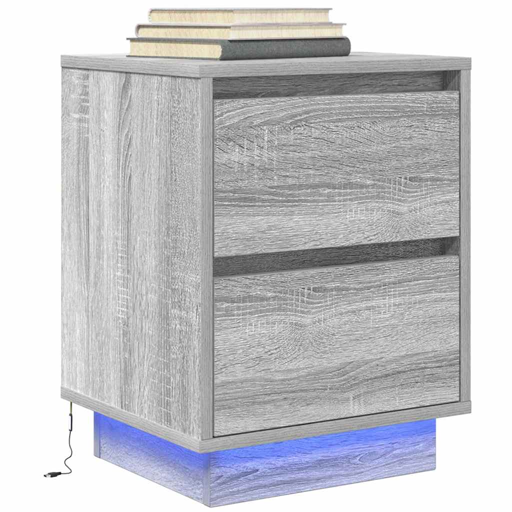 Mesa de cabeceira com luzes LED 38x34x50 cm cinzento-sonoma