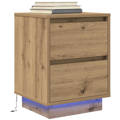 Mesas cabeceira c/ luzes LED 2pcs 38x34x50cm carvalho artesanal