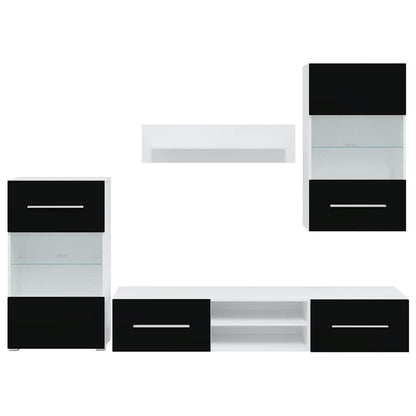 Móveis TV com  iluminação LED madeira trabalhada preto mate, 5pcs