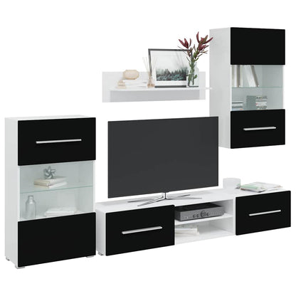 Móveis TV com  iluminação LED madeira trabalhada preto mate, 5pcs