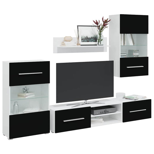 Móveis TV com  iluminação LED madeira trabalhada preto mate, 5pcs