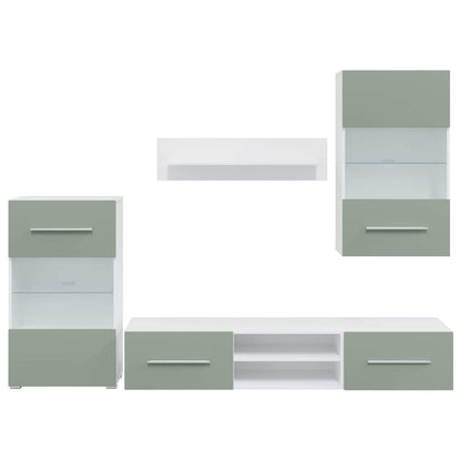 Móveis TV com iluminação LED madeira trabalhada verde oliva, 5pcs