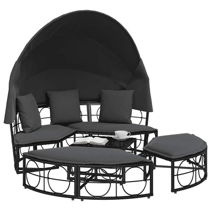 Cama lounge de exterior c/ toldo e almofadões vime PE preto