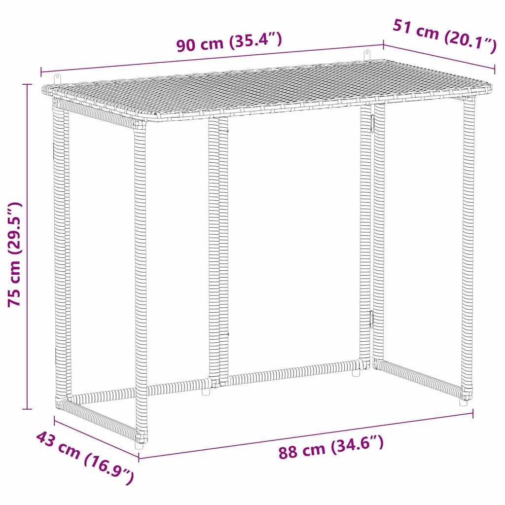 Mesa de jardim dobrável 90x51x75 cm vime PE preto