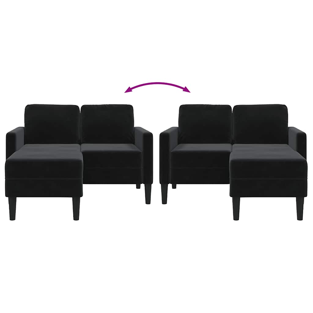 Sofá de 2 lugares com chaise em L preto 125 cm veludo