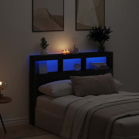 Armário cabeceira c/ luzes LED 140x17x102 cm carvalho preto