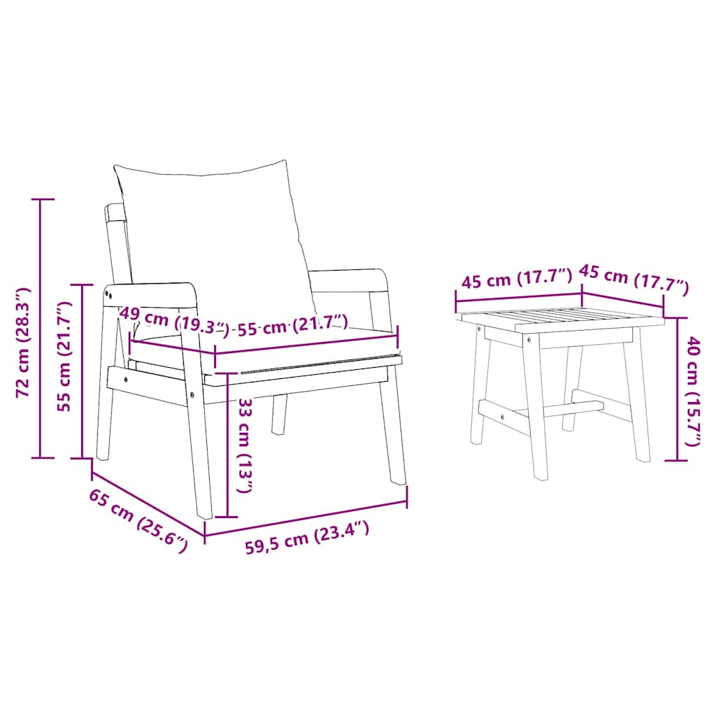 Conjunto bistro 3 pcs Castanho 45 x 45 x 38cm