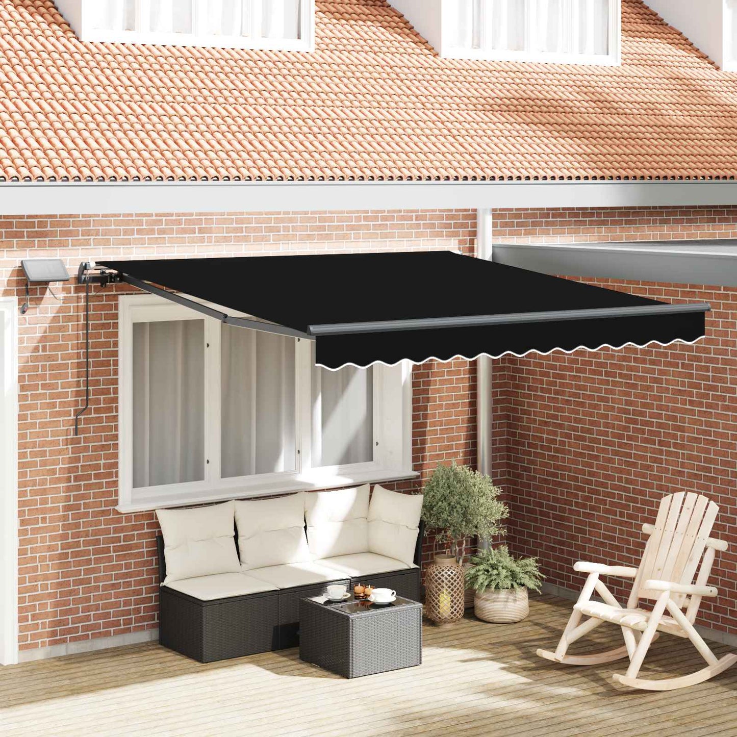 Toldo Retrátil com luzes de tira LED Preto 300 x 250 cm tecido