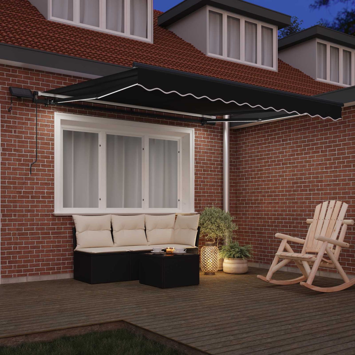 Toldo Retrátil com luzes de tira LED Preto 350 x 250 cm tecido