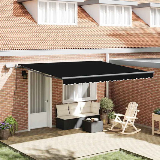 Toldo Retrátil com luzes de tira LED Preto 400 ×300 cm tecido