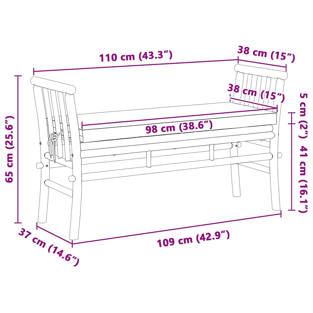 Banco de jardim com almofada Castanho 110 x 38 x 65cm Bambu