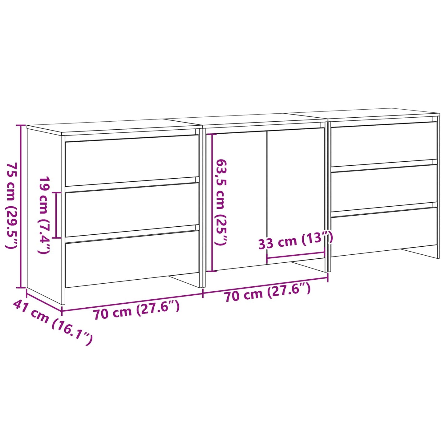 Buffet 3 pcs Preto 70 x 41 x 75 cm Madeira processada
