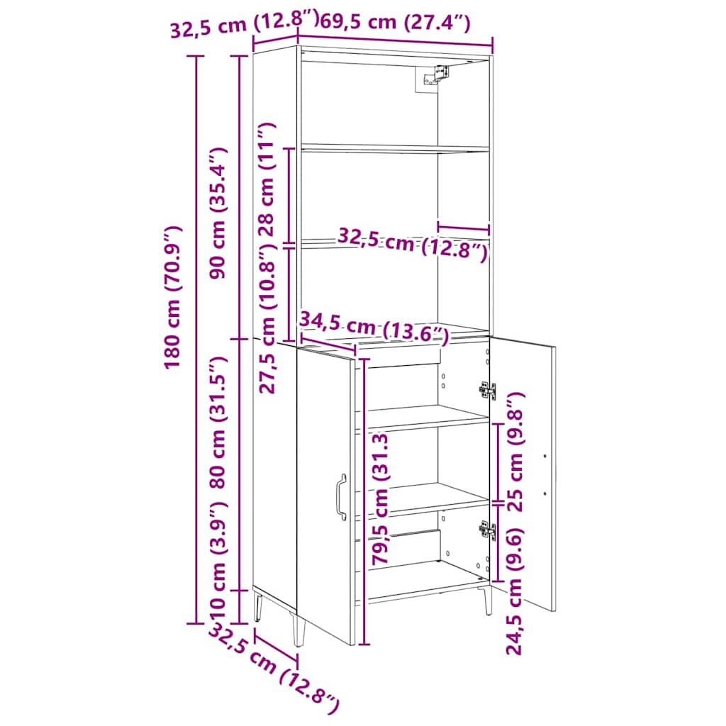 Buffê Carvalho Preto 69,5 x 32,5 x 180 cm Madeira processada