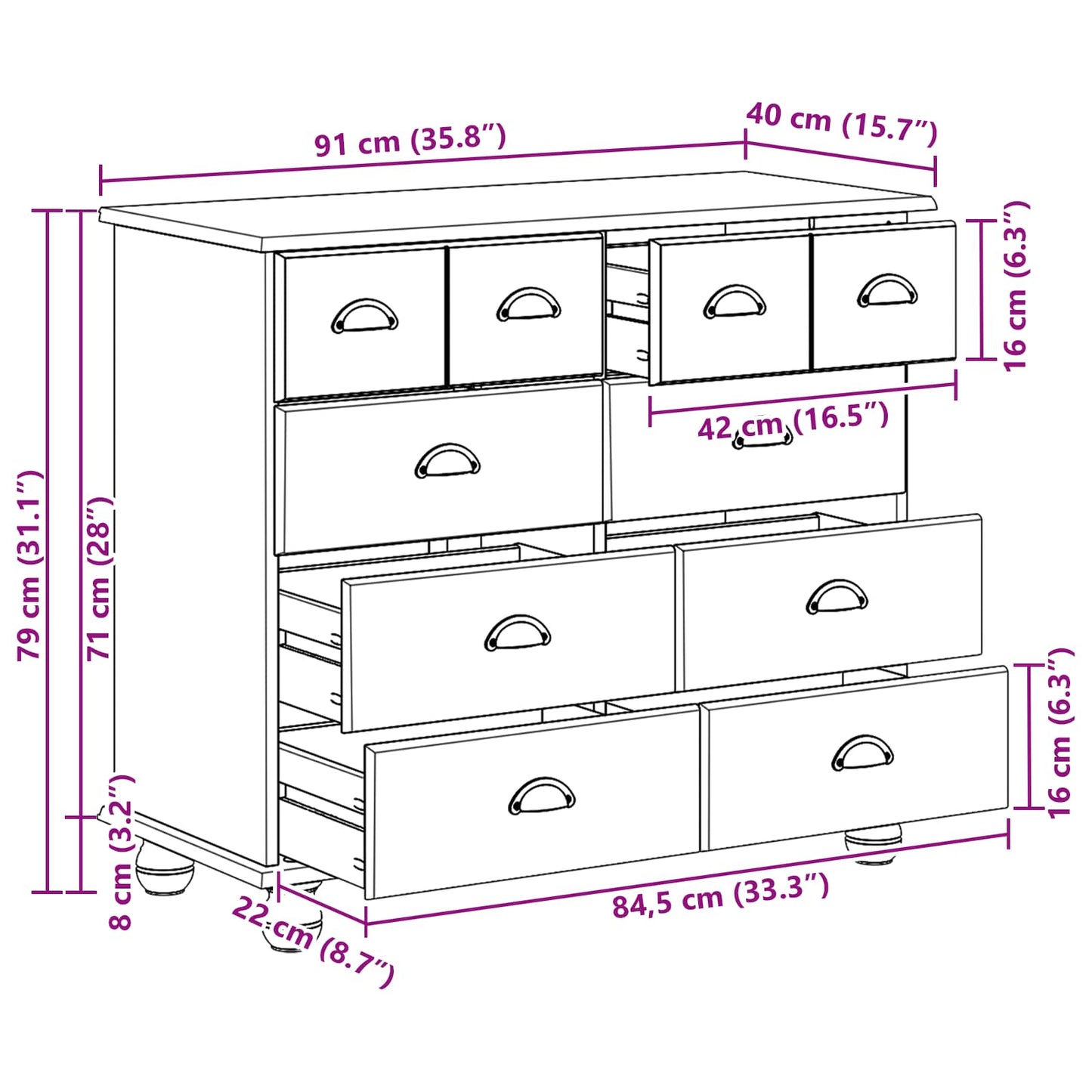 Cômoda ASKIM Branco 91 x 40 x 79 cm Madeira de Pinheiro Sólida