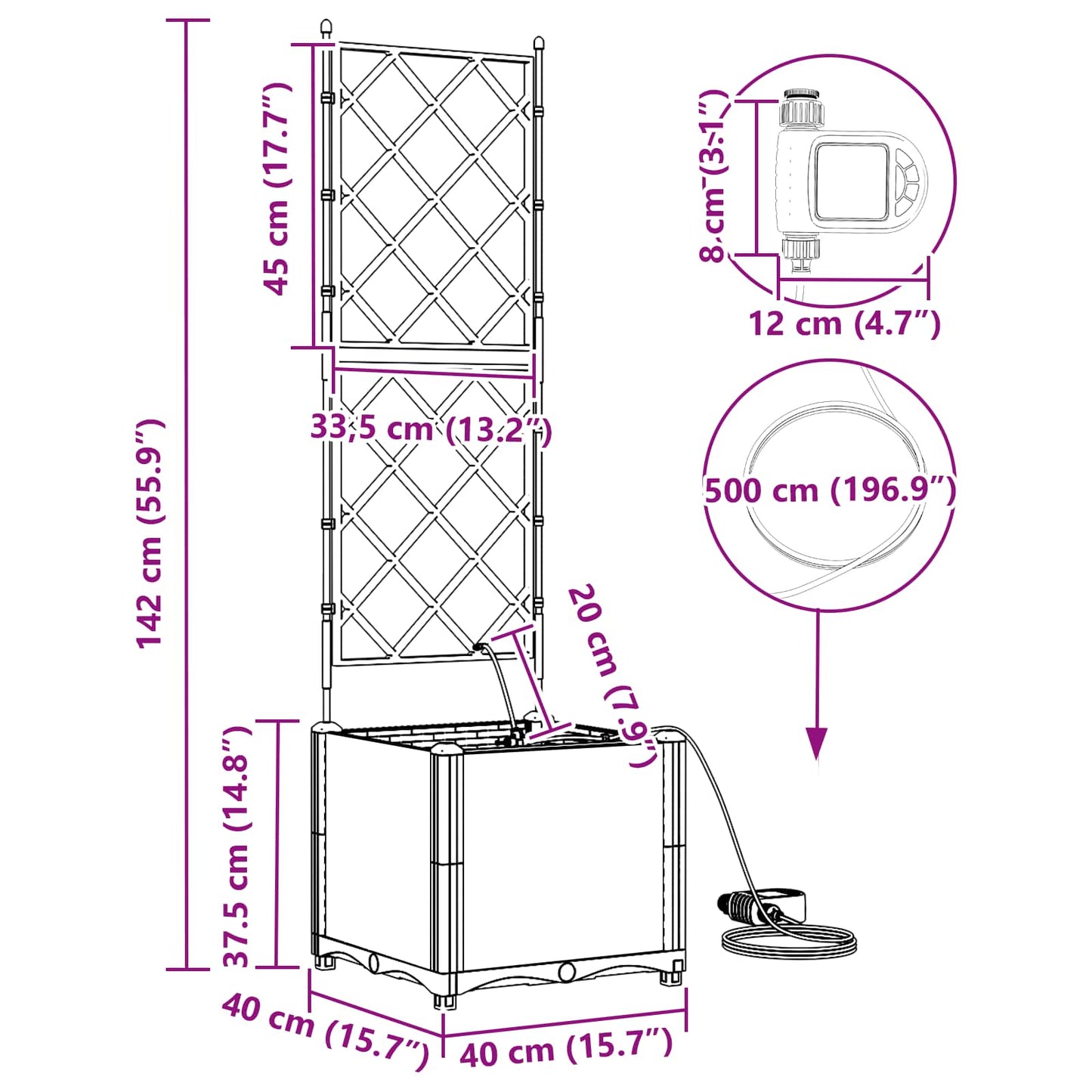 Vaso de Jardim Cinzeto 40 x 40 x 142 cm Aço