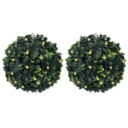 Bolas artificiais de buxo com luzes LED 2 pcs verde 22 cm