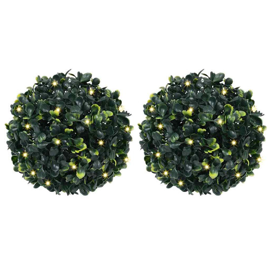 Bolas artificiais de buxo com luzes LED 2 pcs verde 22 cm