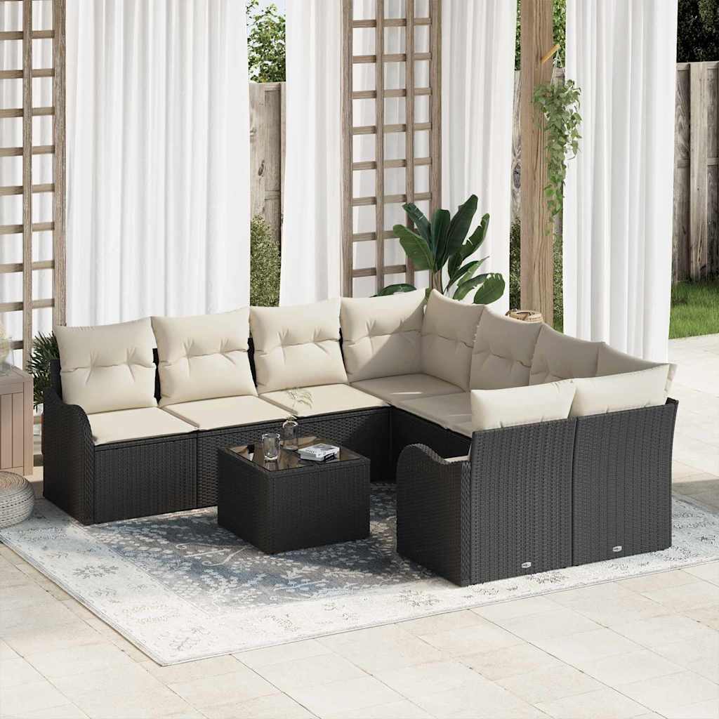 Conjunto de Sofá de Jardim com almofada 9 pcs Preto vime PE