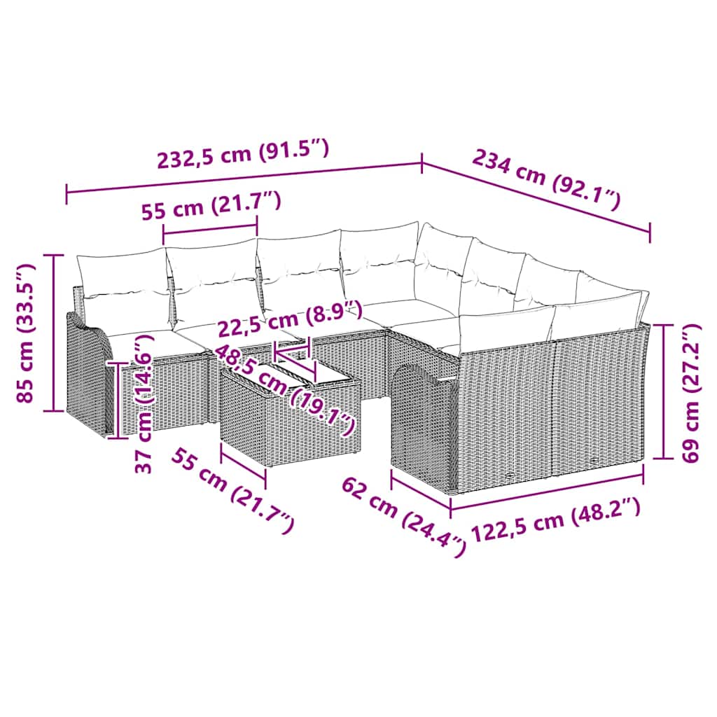 Conjunto de Sofá de Jardim com almofada 9 pcs Cinzeto vime PE