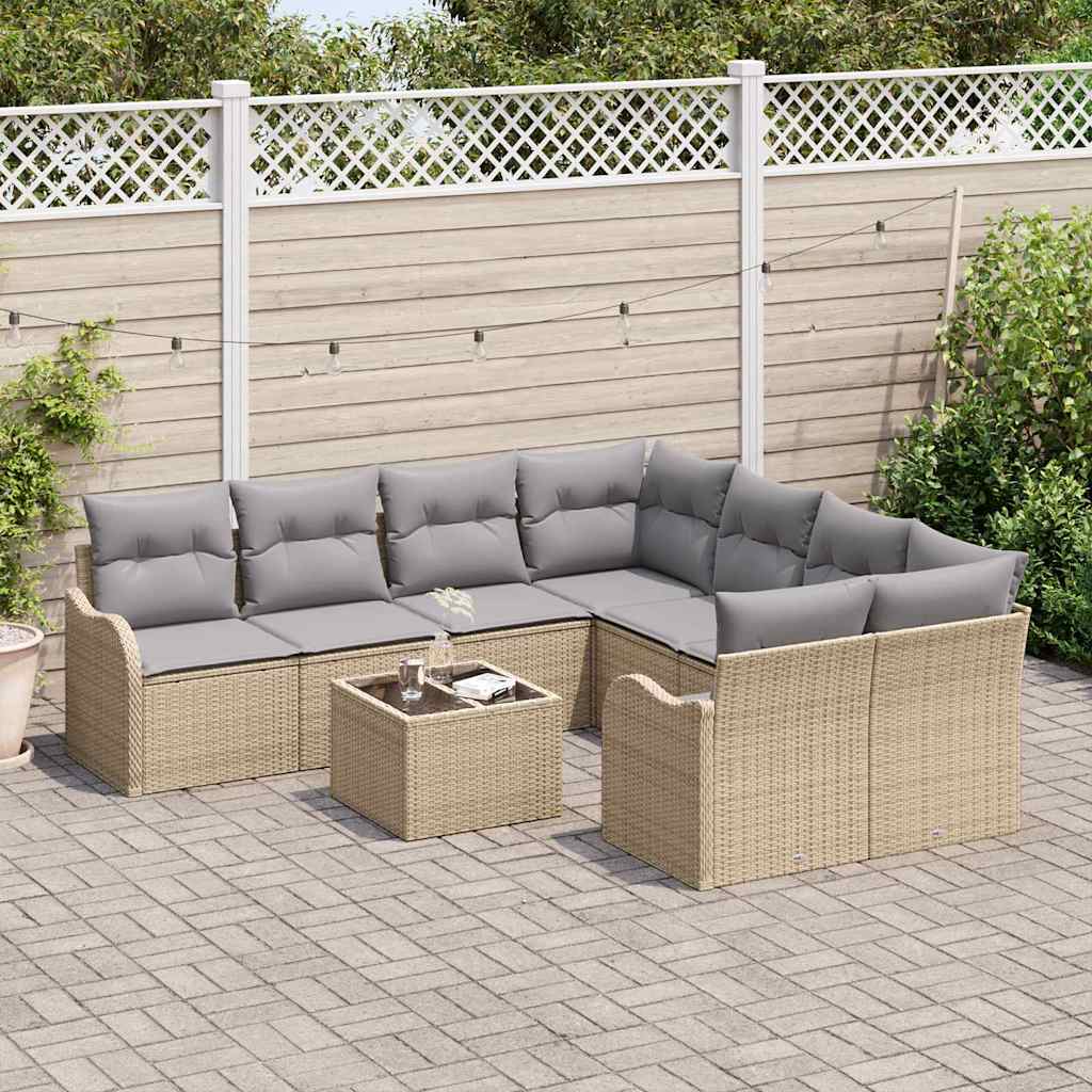 Conjunto de Sofá de Jardim com almofada 9 pcs Bege vime PE