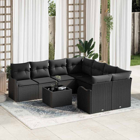 Conjunto de Sofá de Jardim com almofada 9 pcs Preto vime PE