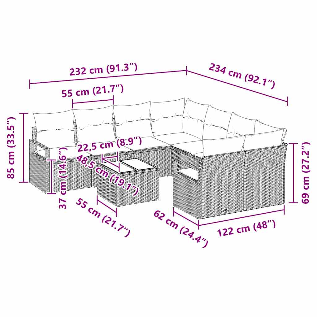 Conjunto de Sofás com almofada 9 pcs Marrom e Creme vime PE