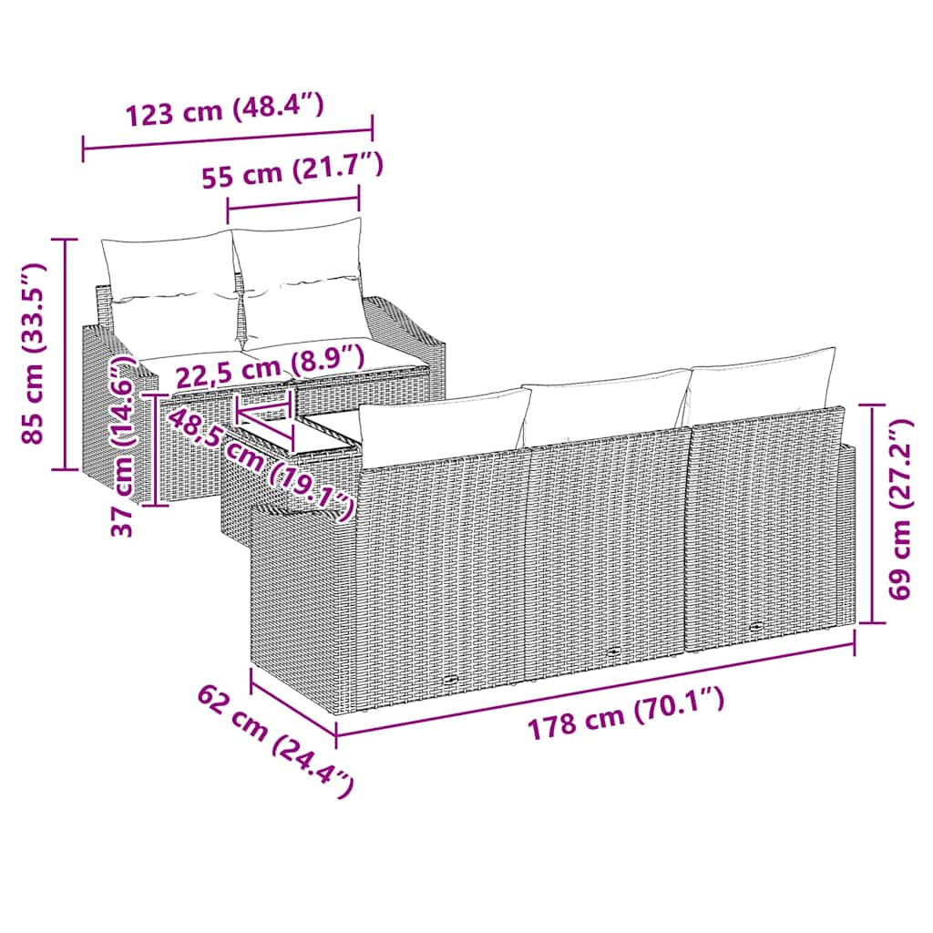 Conjunto de Sofás com almofada 6 pcs Cinzento-claro vime PE