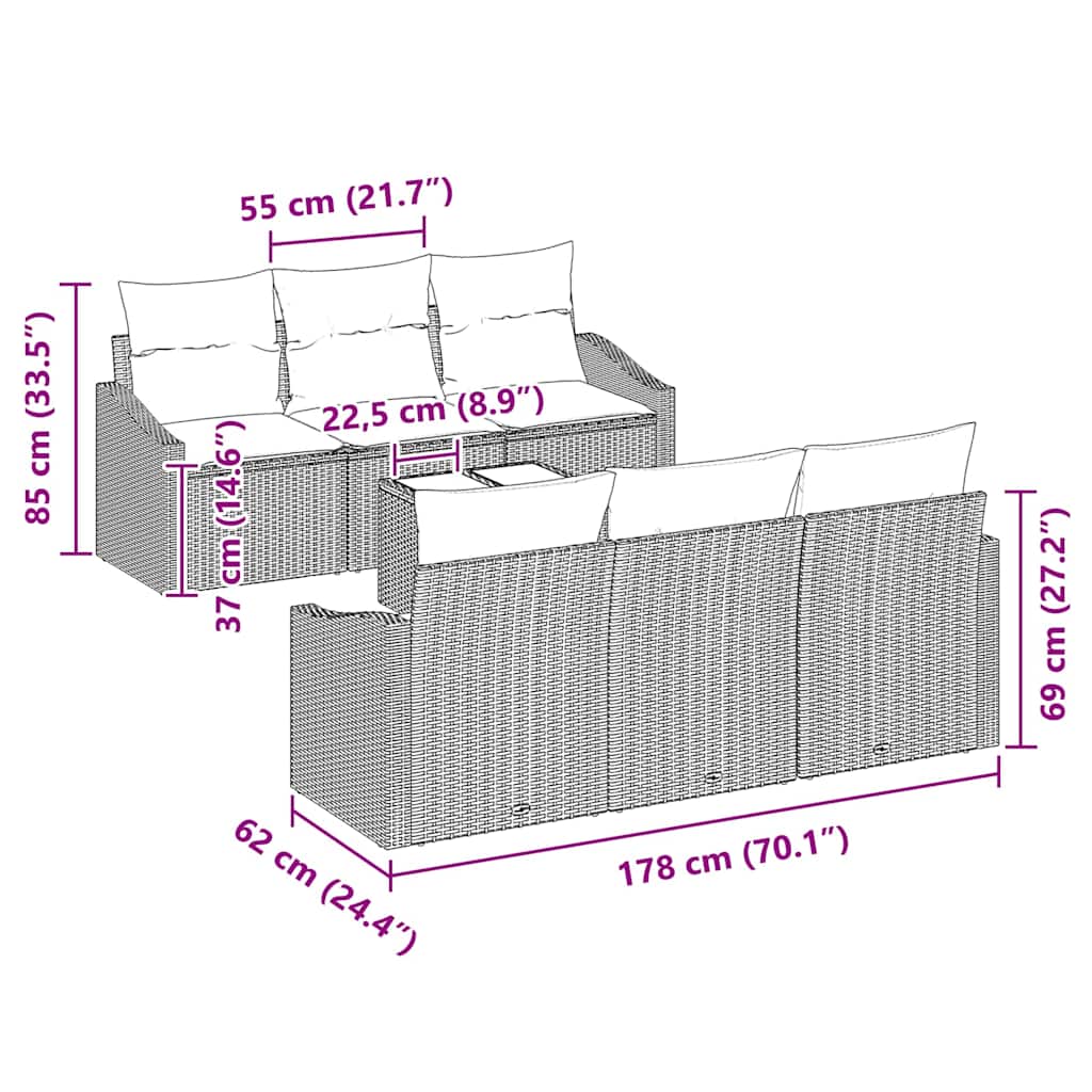 Conjunto de Sofás com almofada 7 pcs Cinzeto vime PE