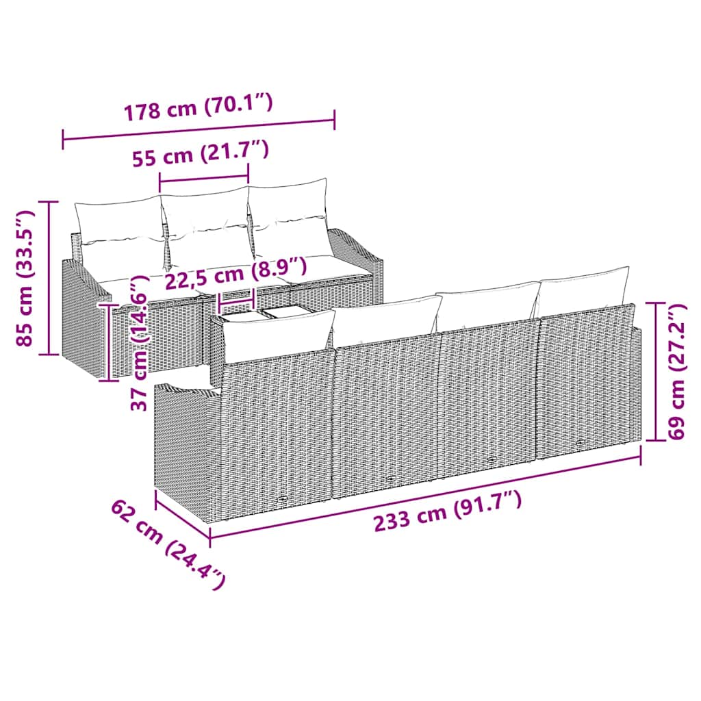 Conjunto de Sofás com almofada 8 pcs Cinzento-claro vime PE