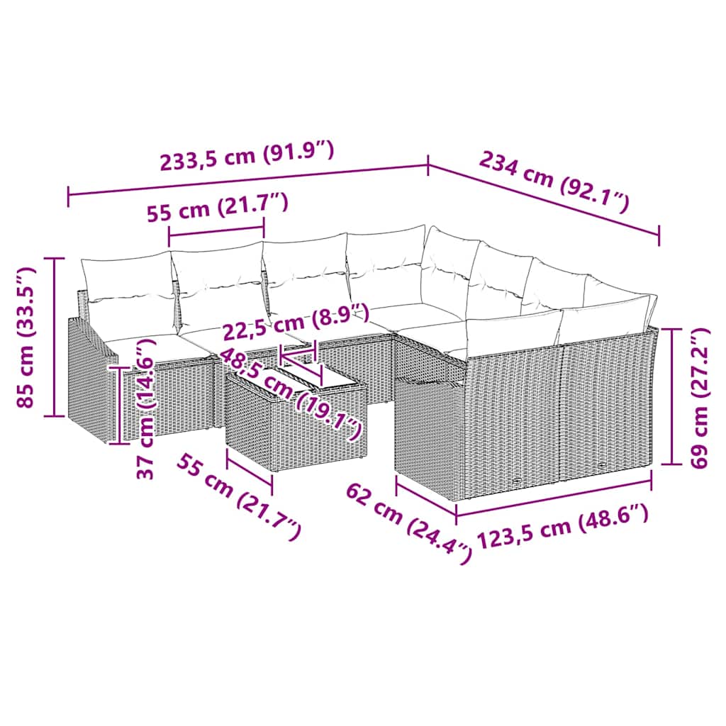 Conjunto de Sofás com almofada 9 pcs Cinzento-claro vime PE
