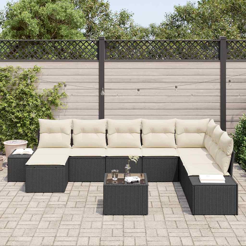 Conjunto de Sofá de Jardim com almofada 9 pcs Preto vime PE