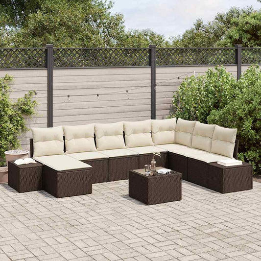 Conjunto de Sofá de Jardim com almofada 9 pcs Castanho vime PE